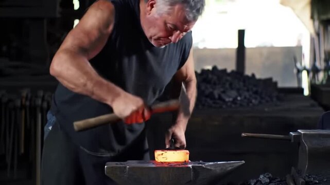 Master blacksmith teaches young apprentice the art of metalworking with glowing hot iron
