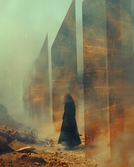 Desolate Wanderer A Figure in a Fog-Shrouded Landscape with Monoliths