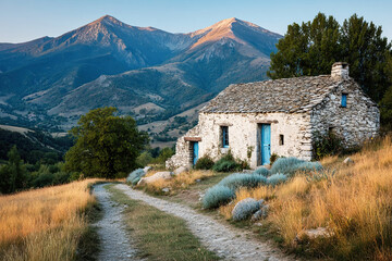 A rustic stone house rests in a serene landscape, surrounded by mountains and grassy fields under a clear sky.