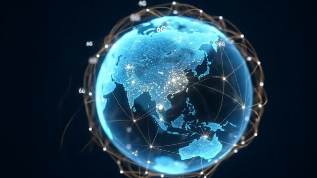6G Future Connectivity. Holographic Earth glowing blue digital network Asia technology global connection with 6G lines, communication, innovation - Powered by Adobe