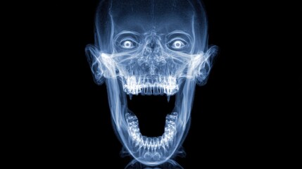 X-ray illustration of creepy halloween monster skull face with spooky glowing ghostly horror design on dark background