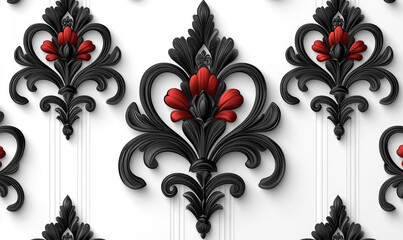 Ornate black and red decorative pattern on a white background. Repeating design