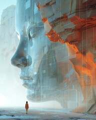 Surreal Digital Artwork Exploring the Intersection of Humanity and Technology in a Futuristic Landscape