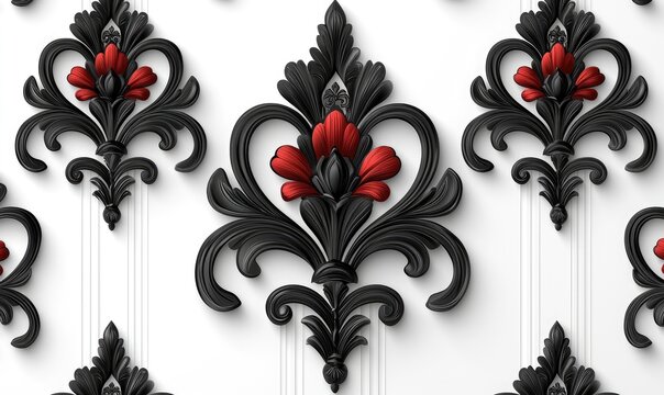 Ornate black and red decorative pattern on a white background.  Repeating design