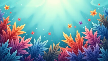 A vibrant underwater scene with colorful feathery foliage and soft sunlight filtering through the water.