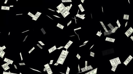 Cinematic money rain animation on black background. Banknotes of the us american dollar are flying. Money raining and falling down. Money falling like a storm and money raining from the sky.