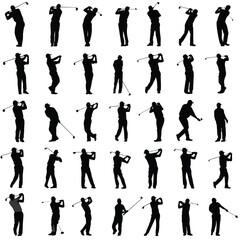 Collection of golf club silhouettes on white background for sports and recreation designs isolated on white background