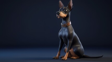 Black Doberman Pinscher Alert Sitting Pose: Majestic Dog with Brown Leather Collar for Pet Product Ads and Animal Theme Design