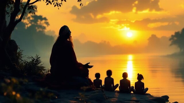 Indian spiritual guru teaching young disciples by the sacred river at golden dawn imparting ancient wisdom and traditional teachings