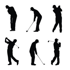 Collection of dynamic golfer swing poses in black and white silhouette isolated on white background