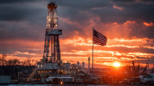 American flag waving beside an oil drilling site at sunset in the United States, showcasing energy industry activity