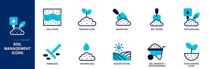 Soil Management Blue Colored Outline Icon Set