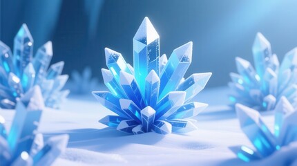 A cluster of intricate, luminous blue crystals rests on a bed of glistening snow.
