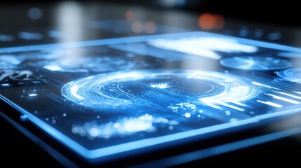 Innovative tech interface displaying advanced data analytics digital workspace infographic futuristic environment close-up viewpoint