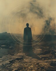 Cinematic portrayal of a solitary traveler in a surreal, desolate landscape, surrounded by ethereal light rings and glowing mystical symbols