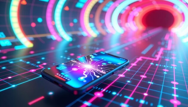 A sleek, futuristic smartphone hovers slightly tilted on the left side of the position