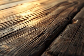 Close-up view of weathered wood planks, showcasing the intricate grain patterns and the warm, golden light illuminating the textured surface.