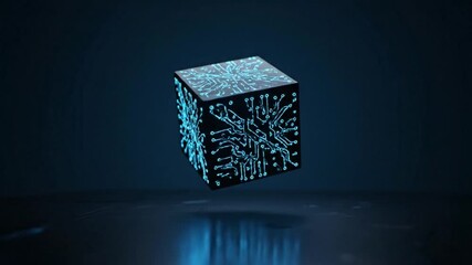 Glowing Blue Digital Circuit Cube Levitates and Rotates in a Dark, Reflective Cyberspace - Powered by Adobe
