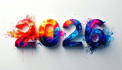 Vibrant abstract 2026 paint splash design with bold colors, creative splatters, and dynamic brush strokes, perfect for futuristic or celebratory projects.
