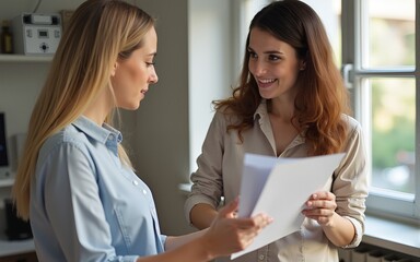 Blond and brunette women discussing a new project and help each other indoor. High quality