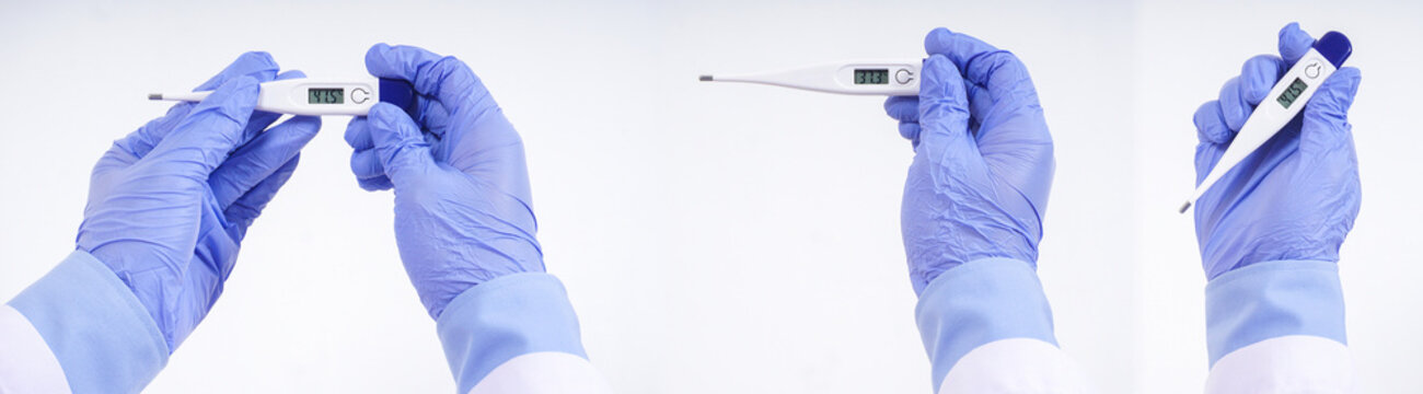 Set collection or collage of male medical worker hand wearing disposable gloves holding thermometer showing temperature isolated on transparent