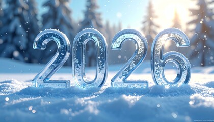 Frozen numbers celebrate new year, glistening ice sculpture 2026 in snowy landscape, winter sunrise, symbolizing fresh beginnings and seasonal festivities.