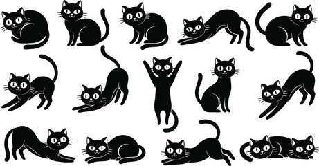 Cartoon black cat vector set, cute feline poses, playful kitten illustrations, stylized pet icons, animal character collection, minimal design