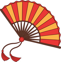 Bright Stylized Hand Fan with Red Tassel and Wooden Ribs  Flat Illustration of Colorful Traditional Fan on White Background