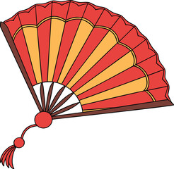 Colorful Open Hand Fan Illustration with Bold Red Orange and Yellow Shades  Decorative Traditional Accessory with Wooden Structure