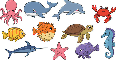 Cartoon sea animal vector set, colorful marine creatures illustration, ocean wildlife icons, underwater character design, playful aquatic graphics