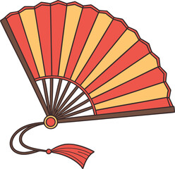 Vibrant Hand Fan with Red Orange and Yellow Segments on White Background  Stylized Symmetrical Design with Wooden Ribs and Tassel