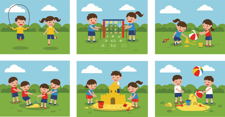 Children playground activity vector set, outdoor play illustration, teamwork and fun, educational games, cartoon kids, summer park scene