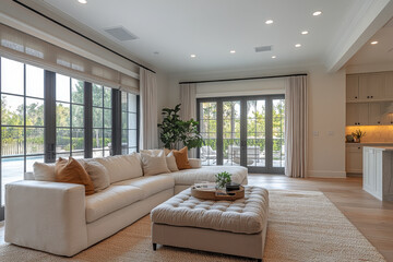 Fototapeta premium Large couch and coffee table in a cozy living room.