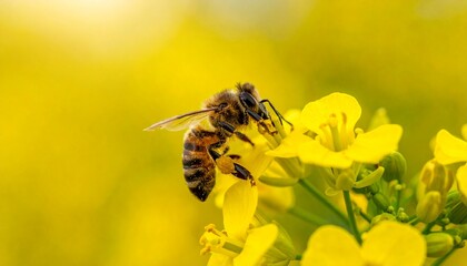Close-up macro shot of a honeybee collecting nectar from vibrant yellow mustard flowers in full bloom. Tiny pollen grains visible on the bee’s body