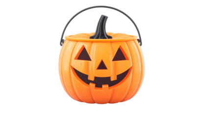 A bright, festive orange pumpkin pail smiling, perfect for holding candy and spreading Halloween cheer
