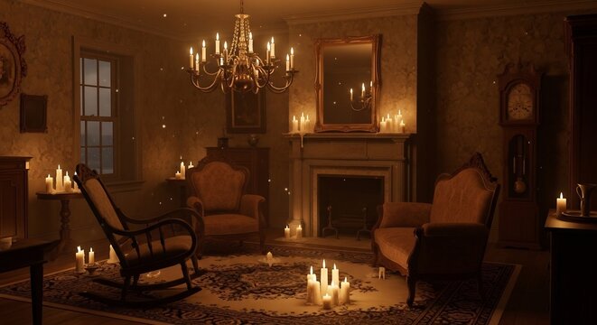 Candlelit room with rocking chair settee  grandfather clock exudes a warm historical ambiance