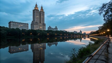 Fototapeta premium high rise building reflected in water river
