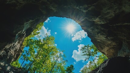 Cave Exit Natural Light Landscape: Blue Sky with White Clouds and Lush Green Trees for Outdoor Adventure and Nature Theme Design