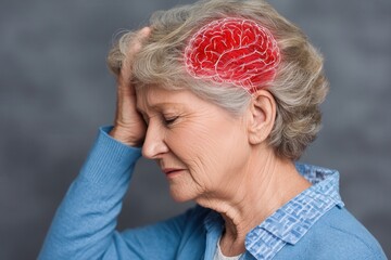 Elderly woman holding head in sudden weakness with transparent brain overlay showing glowing red stroke area in realistic detail.