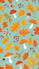 Autumn leaves and mushrooms pattern