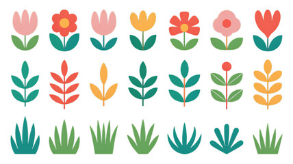 Collection of stylized colorful flowers and botanical elements in a decorative pattern isolated on transparent background