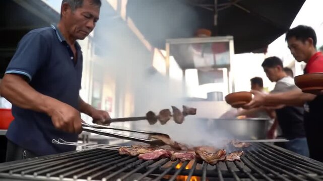 Grill master expertly cooks sizzling meat over open flames, creating delicious street food.
