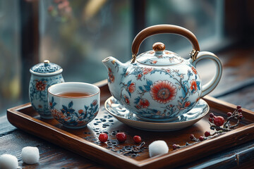 Fototapeta premium Tea cup and saucer on tray.