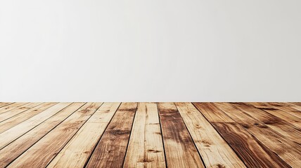 Natural Wooden Floor and Pure White Wall Minimalist Background: Clean Texture Material for Interior Design Display, Home Decoration and Commercial Advertising Scenes