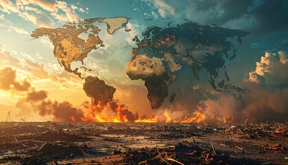 A digital illustration shows a map of the world against a fiery sunset over a desolate, burning landscape. The sky is dramatic