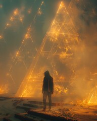 Mysterious hooded wanderer discovers ancient alien monoliths of light in a desolate and surreal expanse