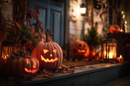 alloween pumpkin display with carved jack-o'-lanterns and autumn props and seasonal decoration