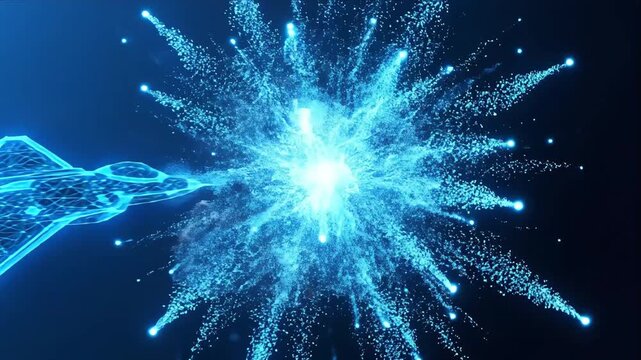 A futuristic wireframe fighter jet fires a digital plexus energy blast, symbolizing advanced military AI, cyber warfare, and aerospace technology.