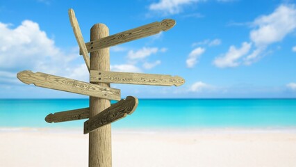Wooden board sign on blue sea background. Vacation