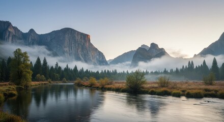 Misty mountain valley sunrise